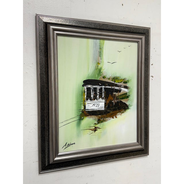 Abstract Ashton III Framed "Cable Car 1979" Oil on Canvas, Vintage For Sale - Image 3 of 12