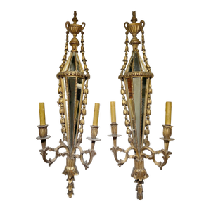 Italian Carved Wood Sconces With Inlaid Mirrors - A Pair