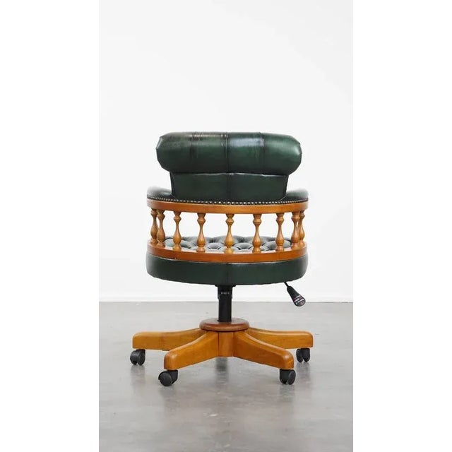 Green Cowhide Chesterfield Office Chair on Wheels For Sale - Image 4 of 14