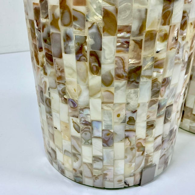 1980s Vintage Boho Chic Coastal Capiz Shell Mosaic Chips on Arched Glass Wall Sconces - A Pair For Sale - Image 6 of 14