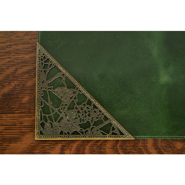 Metal Tiffany Studios New York Grapevine Bronze Blotter Corners With Leather Desk Blotter For Sale - Image 7 of 13