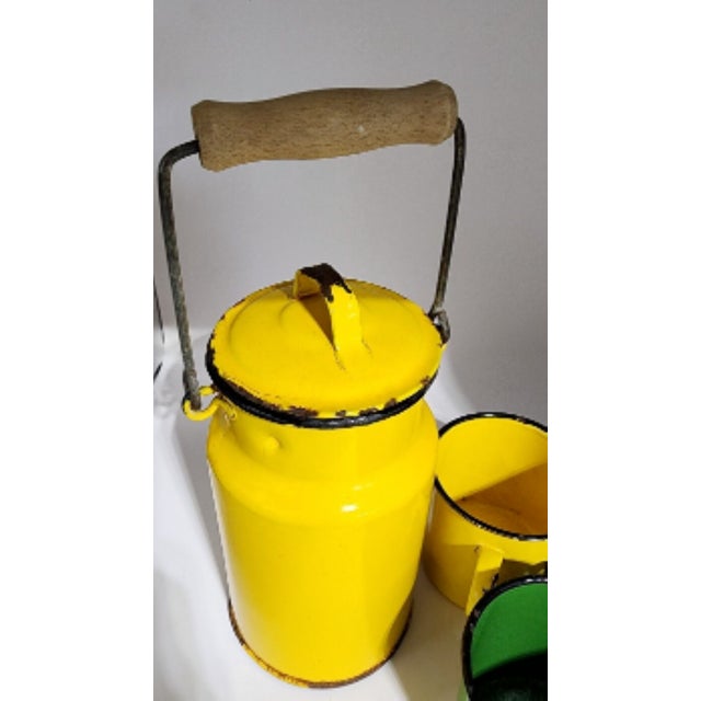 Vintage Yellow Enamelware Milk Pail W/ Cups, Wooden Handle - 4 pcs For Sale - Image 4 of 6