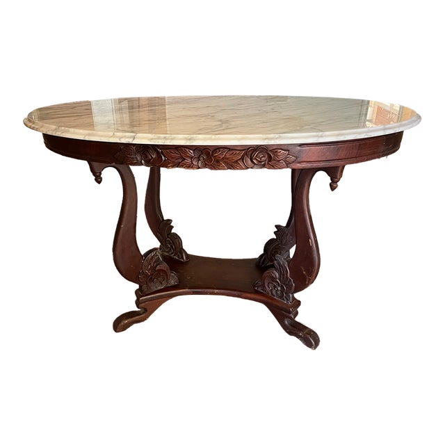 Mid 20th Century French Provincial Style Oval Marble-Top Center Table | Italian Marble | Carved Rose Garland Apron | Lyre Base For Sale