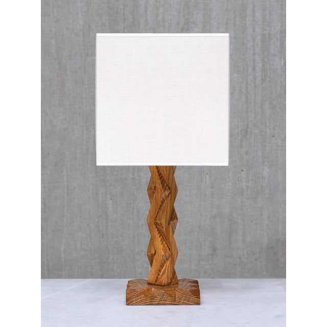 French Art Deco Geometric Oak Table Lamp with Linen Shade, Late 1930s For Sale - Image 14 of 14