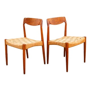 1960s Mid Century Danish Modern Dining Chair Set Pair Dyrlund Solid Teak Vintage MCM For Sale