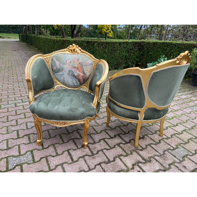 Green 1950's Louis XVI Living Room Set Green Velvet - 3 Pieces For Sale - Image 8 of 13
