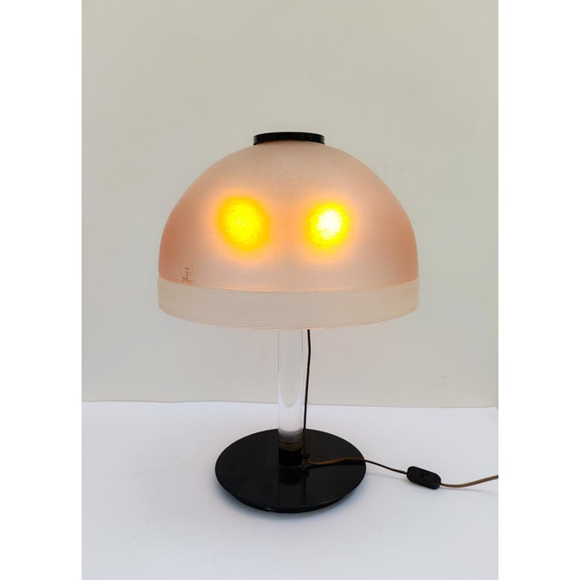 Large table lamp Vintage 1980s design Pink Murano glass lampshade with a white band around the edge. Metal base and...