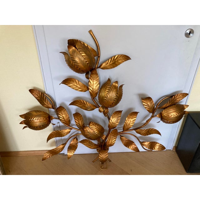 Hollywood Regency Gold-Colored Floral Brass Wall Lamp by Hans Kögl, 1960s, in Very Good conditions. Designed 1960 to 1969...