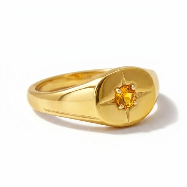 Citrine Signet Northern StarRing, Gold Starburst Design Ring for Women, Size 7 For Sale - Image 4 of 4