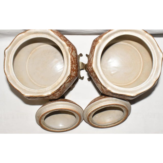 Tan Pair Mid 20th Century Asian Crackle Glaze Porcelain Ginger Jars on Brass Bases Floral Motif For Sale - Image 8 of 11