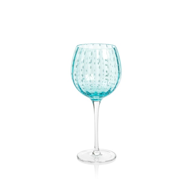 Transitional Pescara White Dot Wine Glasses - Aqua Blue, Set of 4 For Sale - Image 3 of 4
