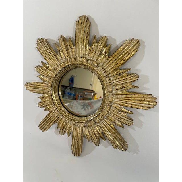 Vintage 16" Gilded Sunburst Wall Mirror With Light Cream Wash For Sale - Image 9 of 15