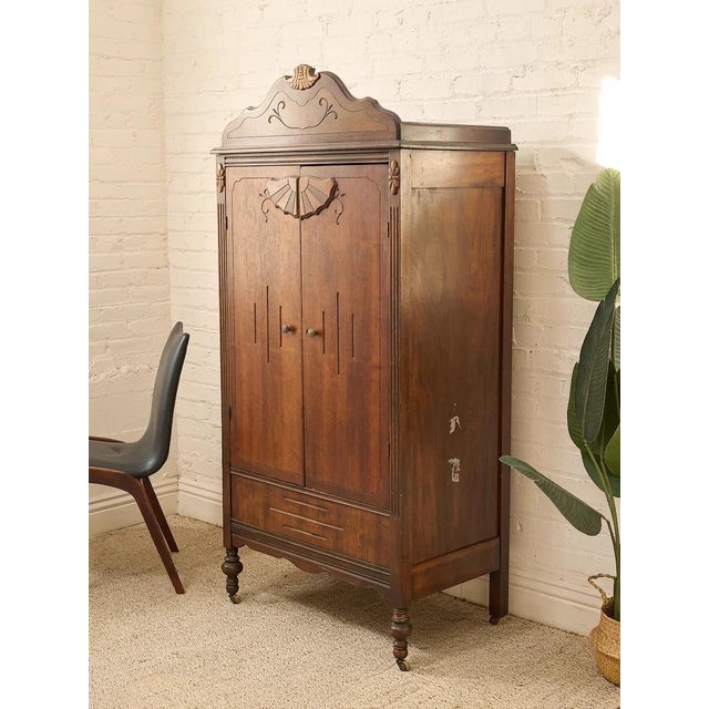 Burnt Umber Antique Carved Wood Drop-Front Armoire Cabinet For Sale - Image 8 of 12