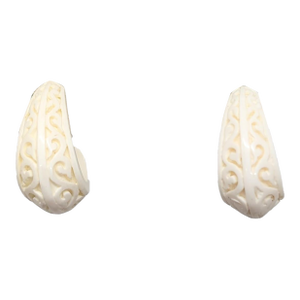 Vintage Signed Crown Trifari Faux-Carved Ivory Half Hoop Clip Earrings- 2 Pieces
