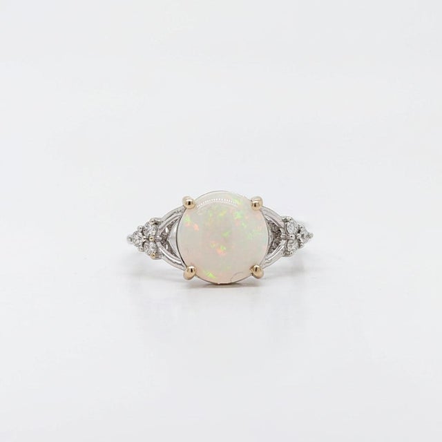 Silver 2Ct Multi Color Jelly Opal Ring With Natural Diamond Accents: Solid 14k Gold, Size 6.75 For Sale - Image 8 of 11