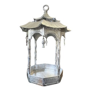 1980s Large Heavy Cast Aluminum Chinoiserie Pagoda Lantern & Centerpiece With Hanging Fish, 17" For Sale