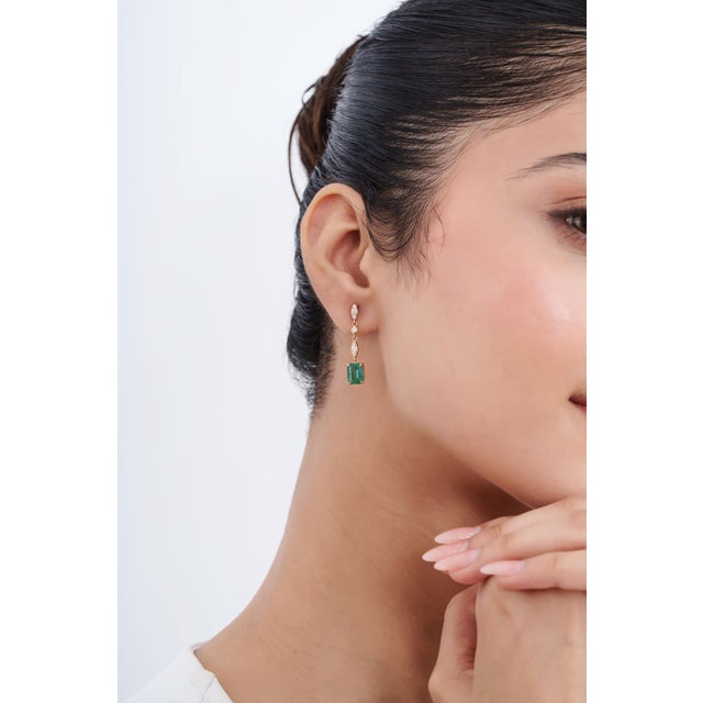 Not Yet Made - Made To Order Vibrant 2.69ct Zambian Emerald Diamond Wedding Drop Earrings in 14k Solid Gold- A Pair For Sale - Image 5 of 15