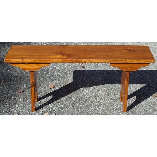 Mid Century Early American Style Varnished Pine Bench. Very solid construction. Very stable. Measures 42.5" in width,...