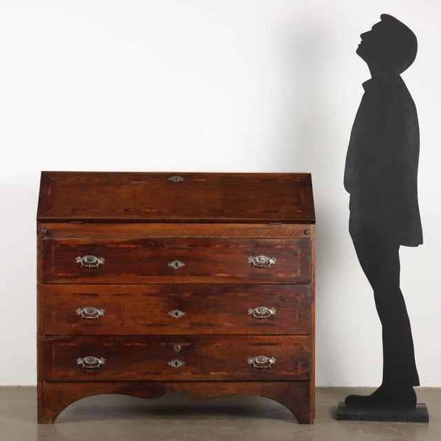 Walnut flap with threads in various woods and carob added later as embellishment, internal cabinet with four drawers and...