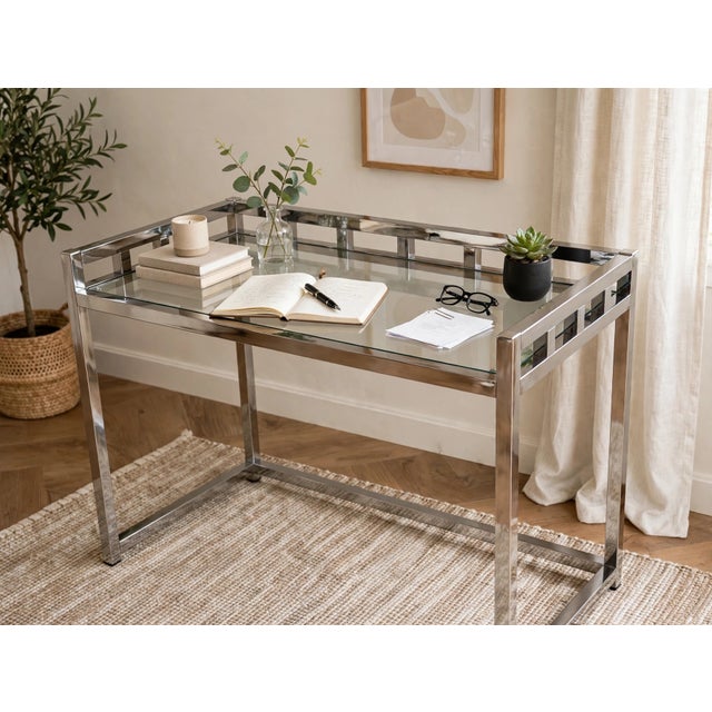 1970s Willy Rizzo–Style Chrome & Glass Writing Desk | Geometric Hollywood Regency Console Table For Sale - Image 13 of 13