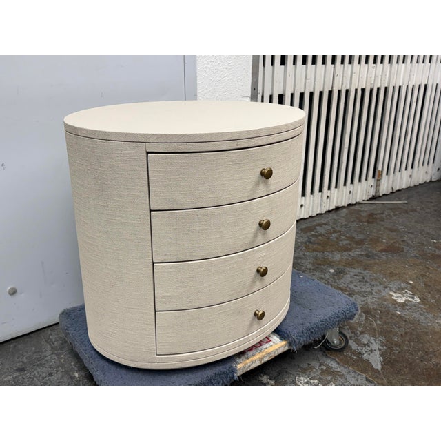 Modern Kathy Kuo Beatrice Modern Classic Cream Painted Linen Oval Nightstand For Sale - Image 3 of 12