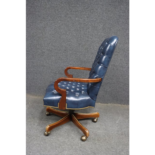 Blue Tufted Leathercraft Swivel Office Chair With Cherry Frame For Sale - Image 8 of 10