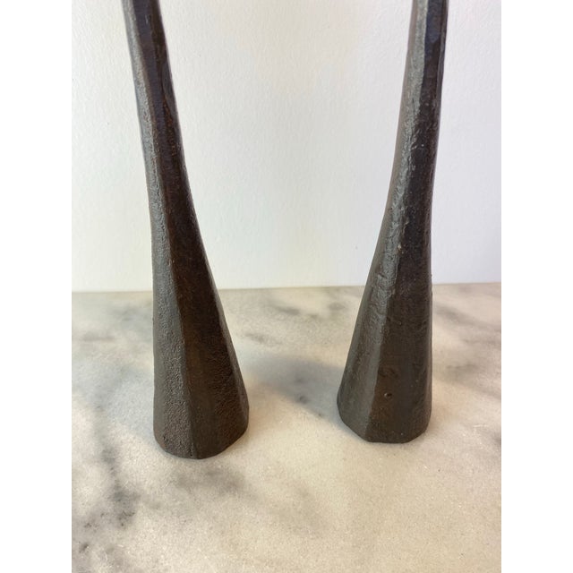 Contemporary Pair Rustic Forged Iron Candlestick Holders With Mixed Metal Rings Luis Marquez Sekoya Originals For Sale - Image 3 of 6
