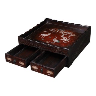 Vintage Rosewood Square Tray With Drawers & Mother-of-Pearl Deer & Crane Inlay For Sale