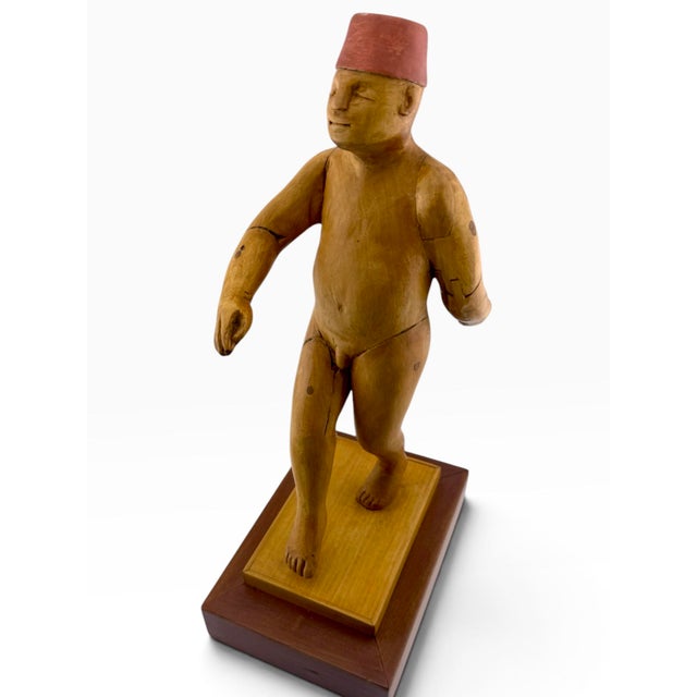 1990s Donald Nelsen Modernist Painted Wood Walking Figure Sculpture With Fez For Sale - Image 18 of 18