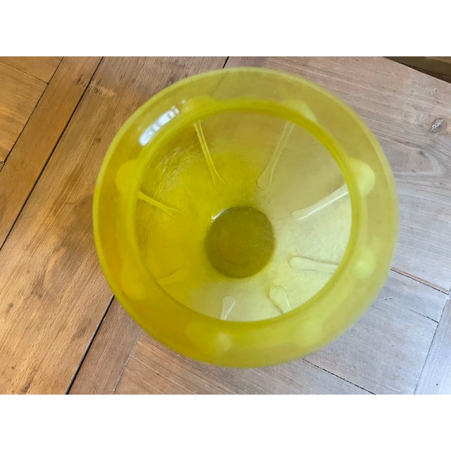 A beautiful Murano Scavo glass vase in vibrant 1970s yellow and white. The vase is sandblasted for a satin finish, giving...