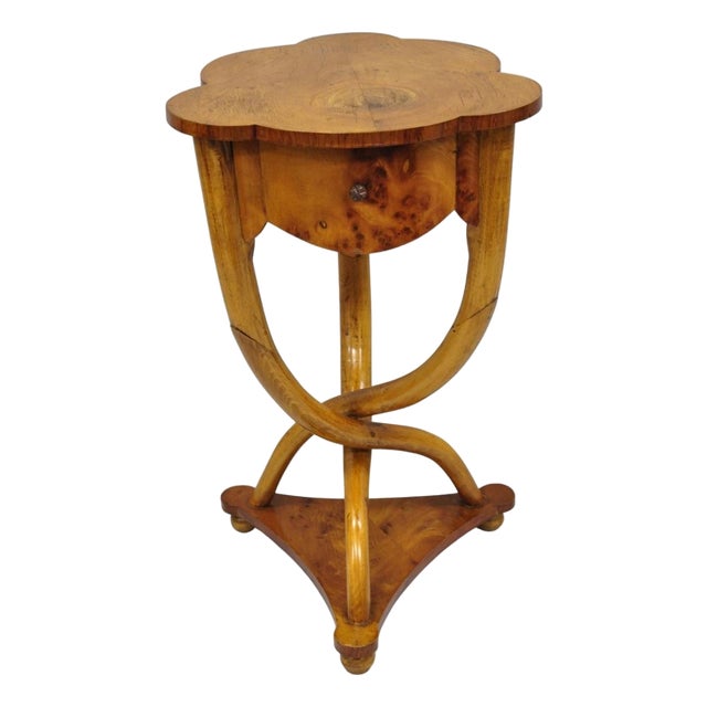Vintage Art Deco Style Burr Walnut Curved Leg Pedestal One Drawer Side Table For Sale