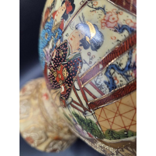Grand 14" Jeweled Japanese Satsuma-Style Moriage Lidded Urn - Immortal Koi Handles For Sale - Image 9 of 18