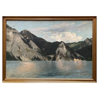 Adolf Kaufmann, Landscape with Mountain Lake, 1907, Oil Painting on Canvas, Framed For Sale