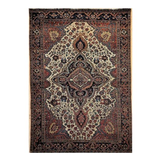 19th Century Persian Farahan Sarouk Area Rug, Hand-Knotted Wool, Floral Medallion Pattern, Ivory & Blue, 4x7 For Sale