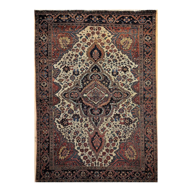 19th Century Persian Farahan Sarouk Area Rug, Hand-Knotted Wool, Floral Medallion Pattern, Ivory & Blue, 4x7 For Sale