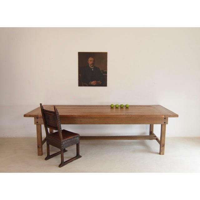 Large vintage table from the first third of the 20th century. Crafted from solid oak and pine. An exceptionally large,...