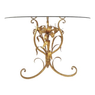 Mid-Century Floral Side Table with Gilded Metal Base and Glass Top, 1960s For Sale