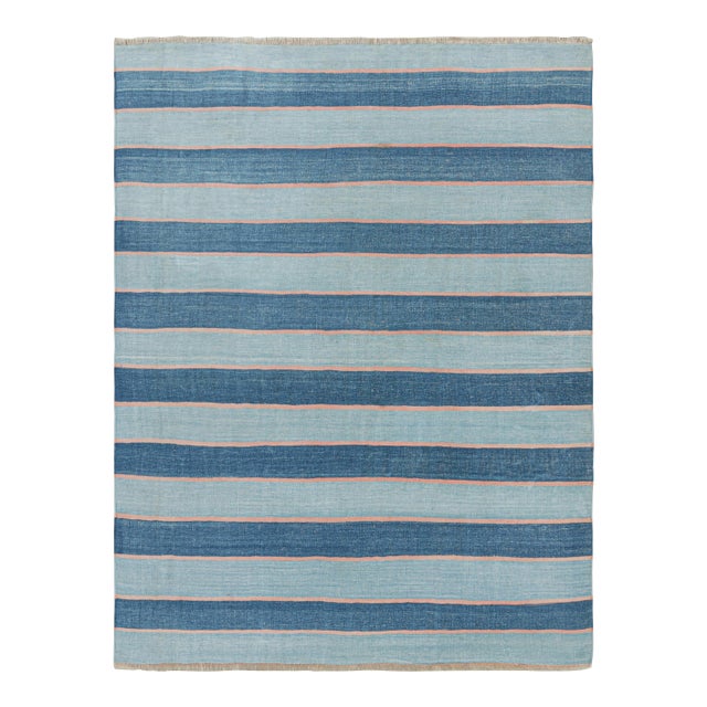 Rug & Kilim's Contemporary Dhurrie Rug in Blue Stripes - 12x15 For Sale
