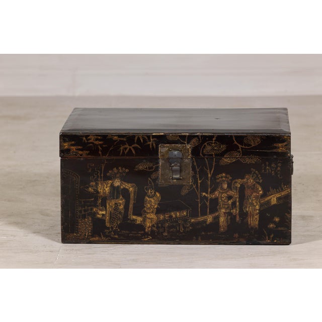 Wood Early 20th Century Hand-Painted Black and Gold Lacquer Trunk with Court Scene, Late Qing Dynasty For Sale - Image 7 of 12