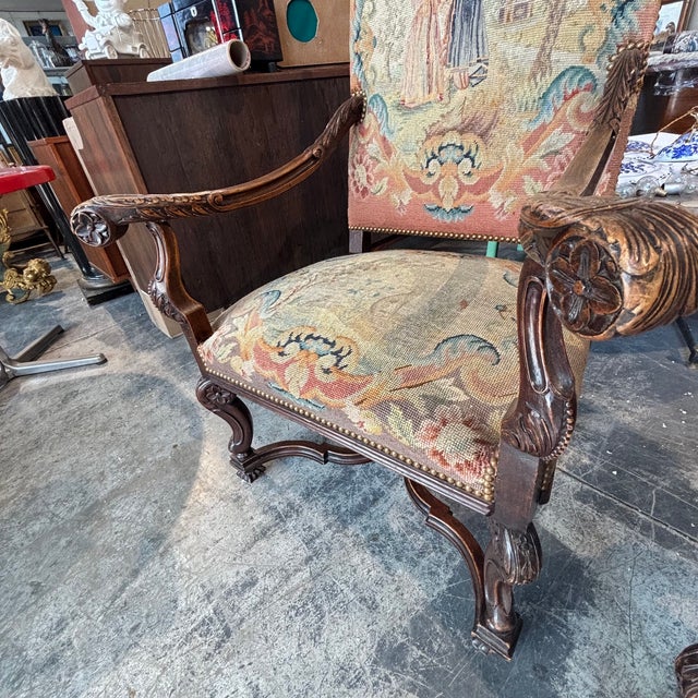 Splendid antique pair of walnut armchairs, France, 18th century, upholstered in Aubusson tapestry fabric. Good condition,...