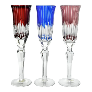 1980s Towle Set of 3 Crystal Cobalt Blue, Ruby & Burgundy Fluted Champagne Glasses