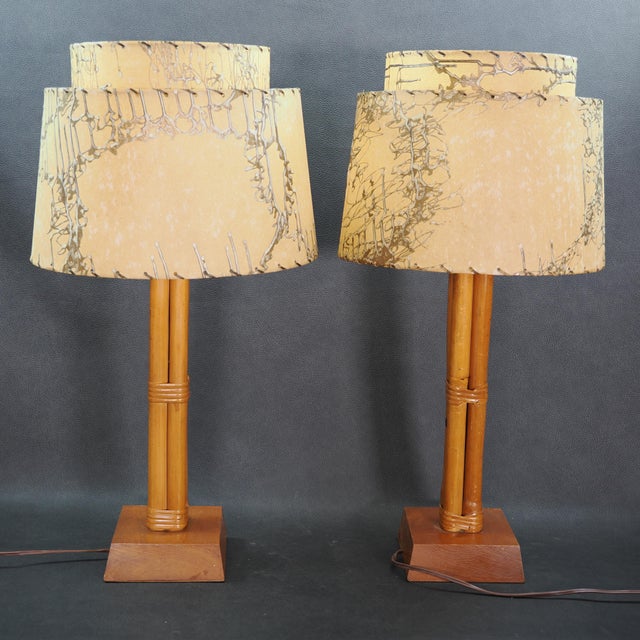 1960s Mid-Century Rattan Lamps With Two Tiered Fiberglass Drum Shades, Pair For Sale - Image 4 of 9
