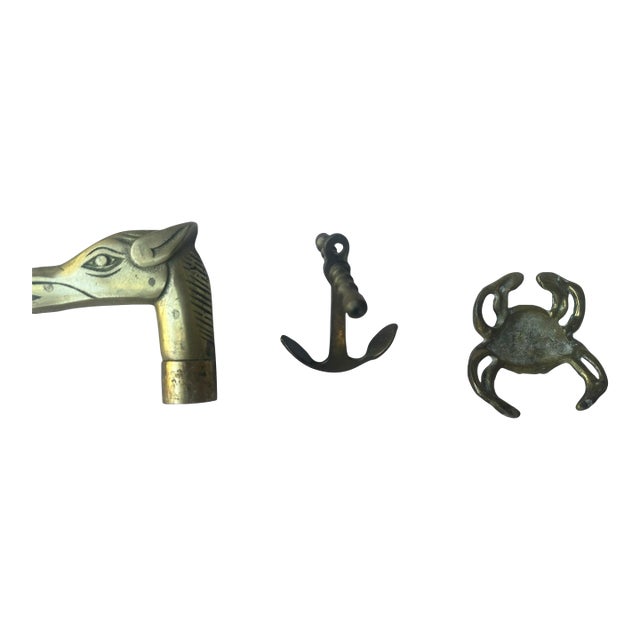 Set of Three Brass Botanical Ocean Beach House Palm Beach Pretty Door Knocker Cane Handle and Paper Wight Desk of Crab Nautical For Sale