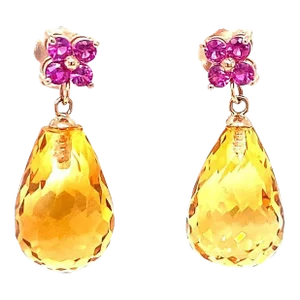 20.00 Citrine Pink Sapphire Rose Gold Drop Earrings - a Pair
