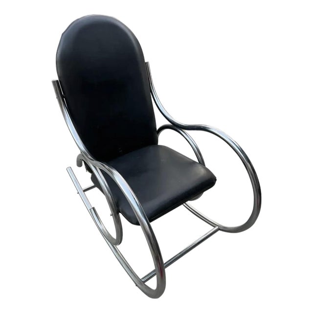Chrome and Black Leather Vintage Modern Style Rocking Chair For Sale