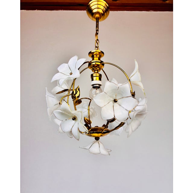 Glass Vintage Murano Style White Floral Globe Chandelier - Brass Finish For Sale - Image 7 of 15