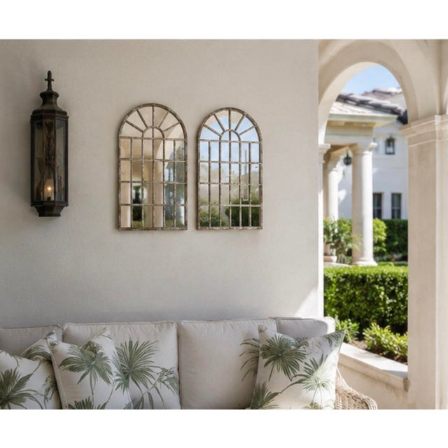 Pair of Vintage Architectural Arched Iron Windowpane Mirrors in Whitewashed Gray For Sale - Image 11 of 12