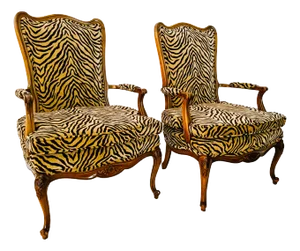 Mid 20th Century French Louis XIV Style Bergere Fauteuil Chairs in Tiger Upholstery - A Pair