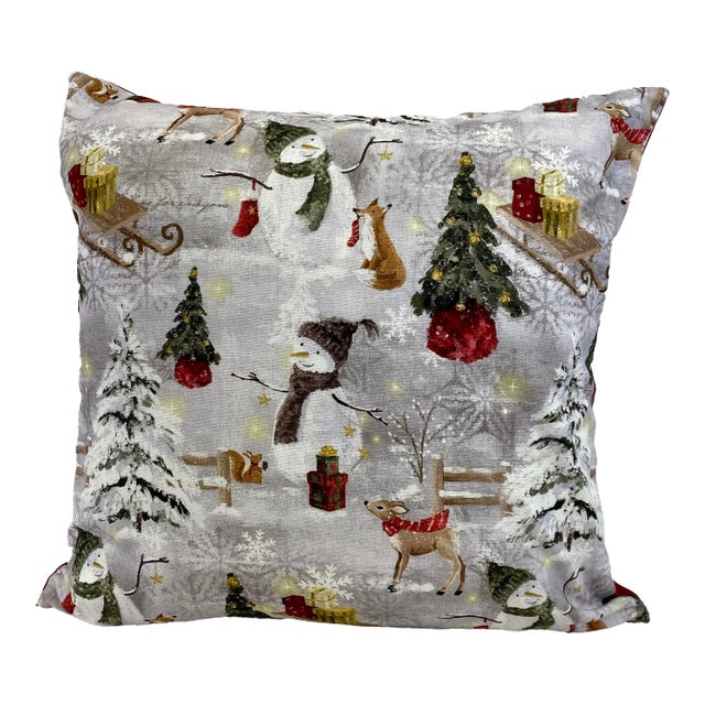 Jolly Snowman With His Animal Friends in a Winter Wonderland Christmas Themed 20” Pillow - Made in U K For Sale