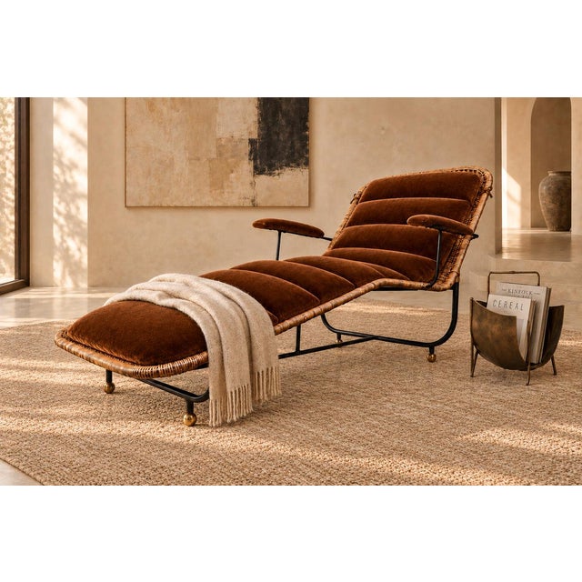 Brazilian Modern Sculptural Chaise in Wicker, Mohair, Steel and Brass, Att. Carlo Hauner, Brazil, 1950s For Sale - Image 11 of 18